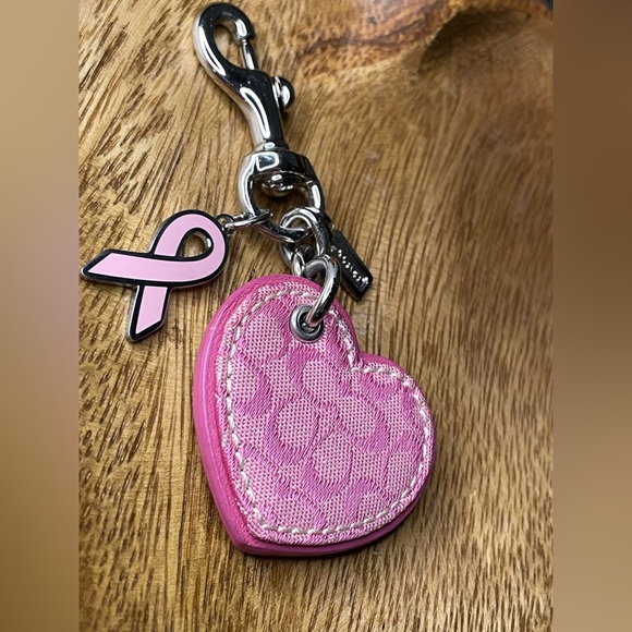 COACH Pink Ribbon Signature Canvas & Leather Heart Bag Charm - Picture 2 of 3